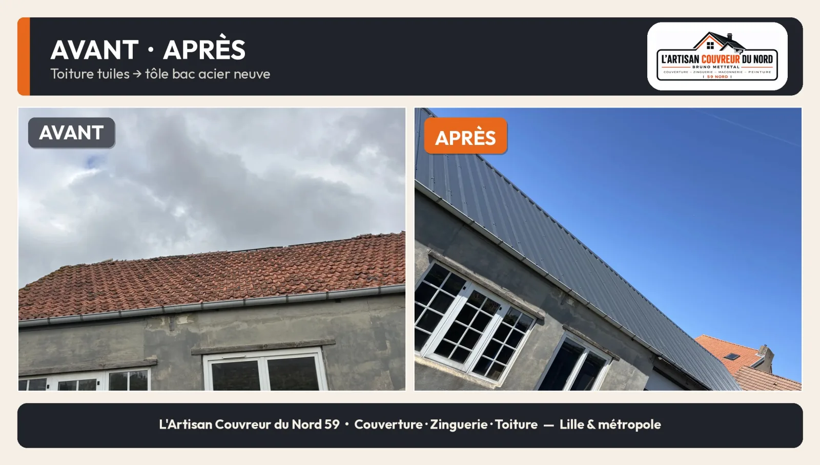Remplacement d'une toiture tuiles par tôle bac acier à Dunkerque — avant/après