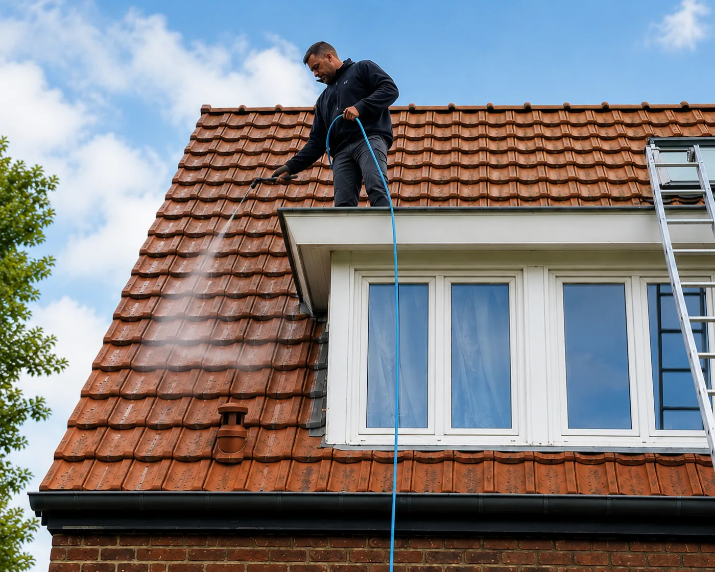 Démoussage et nettoyage basse pression d'une toiture en tuiles dans le Nord